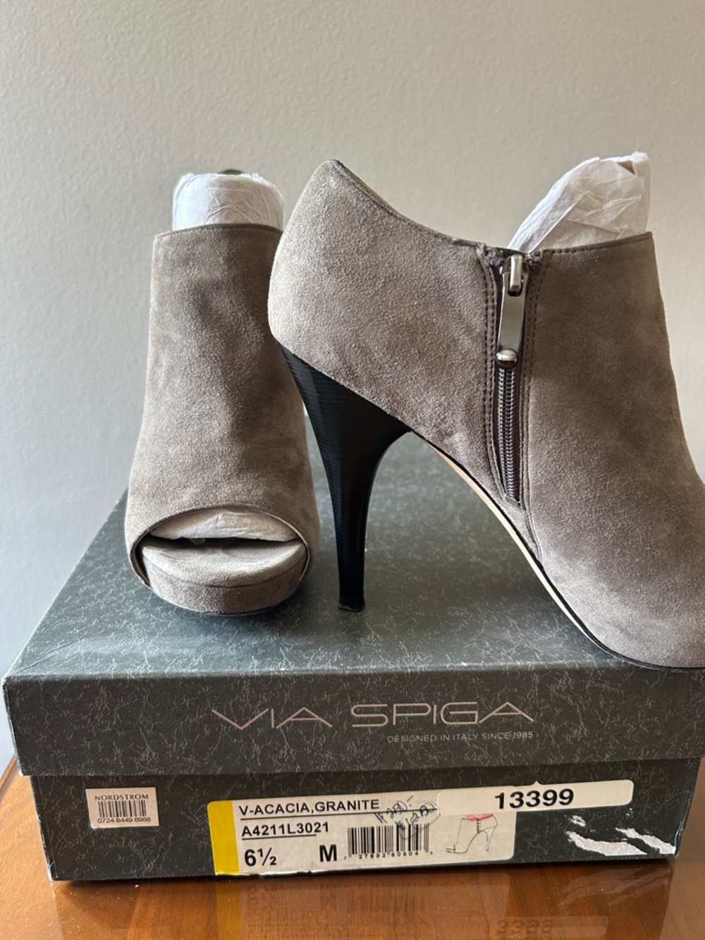 Via Spiga AcaciaGranite Suede Peep-Toe Booties